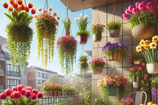 As Tulipas e Flores de Primavera em Vasos Suspensos para Espaços Pequenos