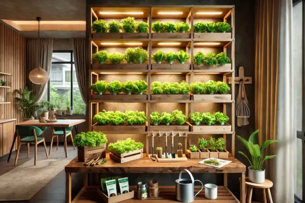 Construindo uma Horta Elevada de Alface Crespa em Estantes com Pouca Profundidade