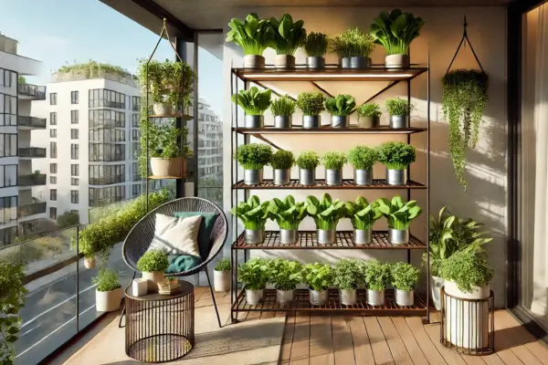 Horta Vertical em Prateleiras de Metal Cultivo de Espinafre na Sacada