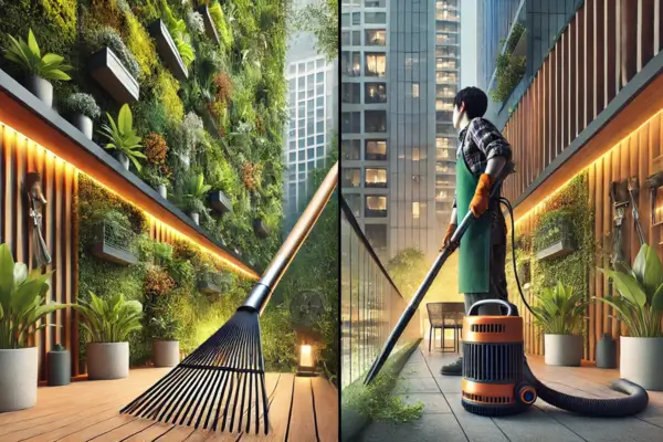 Guia para Usar Escovas de Folhas e Sopradores em Pequenos Jardins Verticais