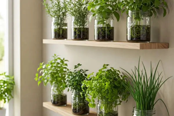 Montagem de Painel Vertical com Ervas em Recipientes de Vidro Empilhados