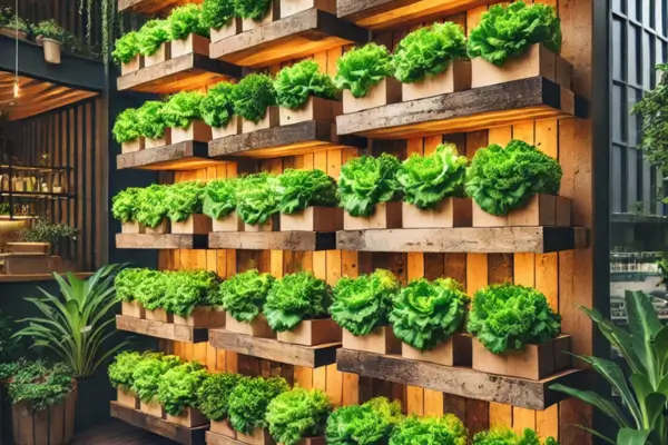Design Inovador para Plantação Suspensa de Alface Americana em Prateleiras de Madeira