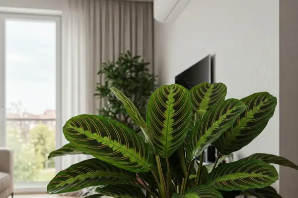 oteção Extra: Elementos Naturais que Ajudam a Evitar o Ressecamento Além de cuidados diretos, existem diversas maneiras de criar um ambiente mais favorável, especialmente em espaços climatizados, onde o ar seco é um desafio constante. Elementos naturais e estratégias simples podem ajudar a reter umidade e proteger sua planta dos efeitos do ar-condicionado. Como outras Plantas Podem Criar um Microclima Ideal ao Redor da Maranta Plantas não só decoram o ambiente, mas também desempenham um papel fundamental na criação de um microclima favorável para outras espécies. Quando você posiciona várias plantas juntas, elas formam uma espécie de "microambiente" que ajuda a manter a umidade e a temperatura estáveis. Isso é especialmente benéfico para plantas tropicais que se adaptam bem a ambientes úmidos e quentes. Plantas maiores, como samambaias ou lírios da paz, podem criar um microclima favorável ao bloquearem correntes de ar direto, ao mesmo tempo em que aumentam a umidade ao redor delas por meio da transpiração. Ao agrupar várias plantas tropicais, você ajuda a ela a se proteger do ar condicionado, criando uma zona de conforto com umidade e temperatura mais adequadas para seu crescimento. Materiais que Ajudam a Reter Umidade no Ambiente Outro recurso natural que pode ser aproveitado para protegê-la são os materiais que ajudam a reter a umidade no ambiente. Substratos ricos em matéria orgânica, como musgo sphagnum, podem ser usados ao redor da base da planta ou em bandejas com pedras e água. O musgo mantém a umidade por mais tempo e, quando colocado nas proximidades da planta, pode criar uma camada protetora que impede o ressecamento rápido das folhas. O Papel da Ventilação Indireta na Manutenção da Umidade Embora o ar-condicionado seja responsável por reduzir a umidade no ambiente, uma ventilação indireta pode ser uma aliada importante. Evite o fluxo de ar direto sobre ela, mas garanta que o ambiente tenha uma boa circulação de ar. A ventilação indireta, como um ventilador posicionado estrategicamente, pode ajudar a distribuir o ar de forma mais suave, sem causar ressecamento nas plantas. Essa circulação de ar mais suave mantém o ambiente fresco e ajuda na troca de ar sem comprometer a umidade. É uma maneira de equilibrar a temperatura sem expor a planta a correntes de ar prejudiciais. Se o seu ambiente for pequeno, considere o uso de pequenos ventiladores em lugares estratégicos para criar uma circulação leve e constante de ar. Como Adaptar a Decoração para Criar um Espaço Mais Amigável Adaptar a decoração da sua casa pode ser uma maneira eficaz de criar um ambiente mais saudável. O uso de cortinas e persianas em janelas próximas ajuda a suavizar a luz direta, além de impedir que o ar frio do ar-condicionado atinja diretamente as folhas. Você também pode usar objetos decorativos como paredes verdes, estantes com outras plantas ou até mesmo divisórias de tecido para bloquear correntes de ar sem perder a estética